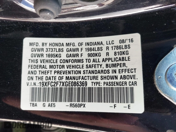 2016 Honda Civic EX with VIN 19XFC2F7XGE086369, listed as a IAAI auction lot 41406546 with 78,635 mi miles and . Bid and sale history available at DreamBid. Image 9.