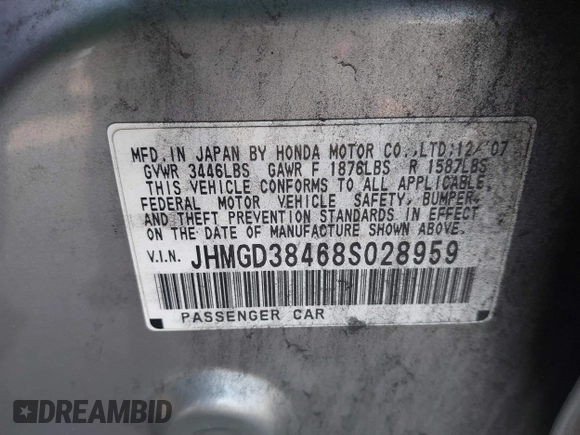 2008 Honda Fit with VIN JHMGD38468S028959, listed as a IAAI auction lot 42042292 with 226,247 mi miles. Bid and sale history available at carsss.com. Image 9.