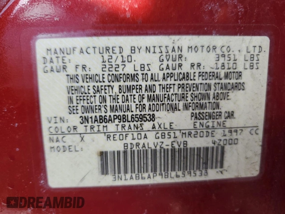 2011 Nissan Sentra SR with VIN 3N1AB6AP9BL659538, listed as a Copart auction lot 48694355 with 127,450 mi miles and Salvage title. Bid and sale history available at DreamBid. Image 13.