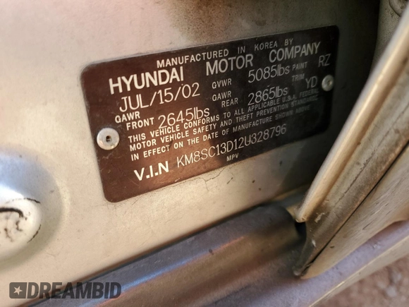 2002 Hyundai Santa Fe GLS with VIN KM8SC13D12U328796, listed as a Copart auction lot 81203544 with Not Provided miles and Salvage Title. Bid and sale history available at carsss.com. Image 12.