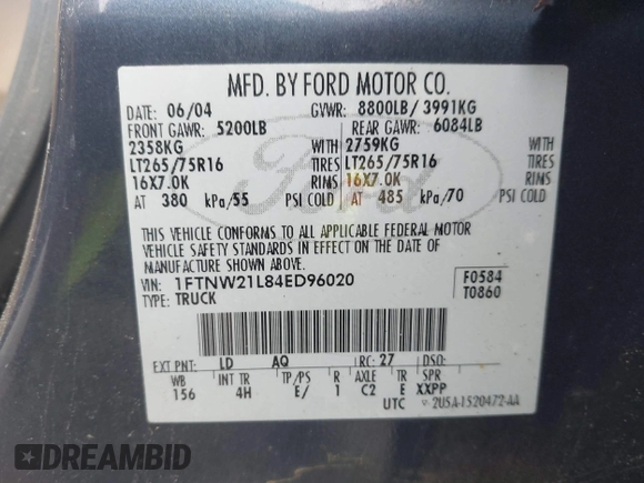2004 Ford F-250 XL with VIN 1FTNW21L84ED96020, listed as a IAAI auction lot 42082247 with 138,951 mi miles and . Bid and sale history available at DreamBid. Image 9.