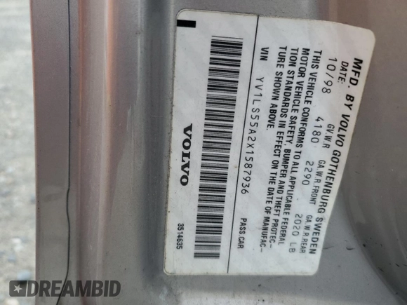1999 Volvo S70 с VIN YV1LS55A2X1587936, выставлен на аукционе Copart как лот 43434815 с пробегом 86 839 миль миль и Чистый • Clean title. История ставок и продаж доступна на DreamBid. Изображение 12.