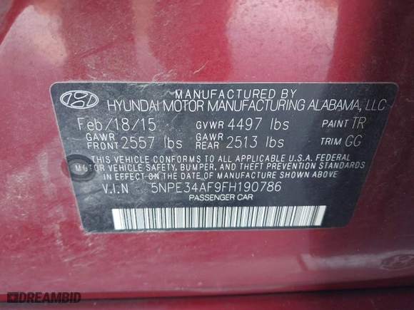 2015 Hyundai Sonata 2.4L Limited with VIN 5NPE34AF9FH190786, listed as a IAAI auction lot 41695870 with 137,178 mi miles. Bid and sale history available at carsss.com. Image 9.