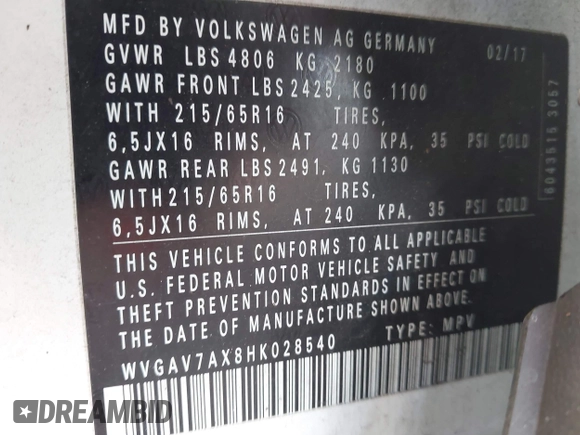 2017 Volkswagen Tiguan S with VIN WVGAV7AX8HK028540, listed as a IAAI auction lot 42256745 with 118,394 mi miles and . Bid and sale history available at DreamBid. Image 9.