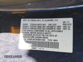 2018 Honda Odyssey EX-L z VIN 5FNRL6H79JB041040, wystawiony jako IAAI lot #41883128 z przebiegiem Nie podano mil oraz . Historia ofert i sprzedaży dostępna na DreamBid. Obrazek 9.