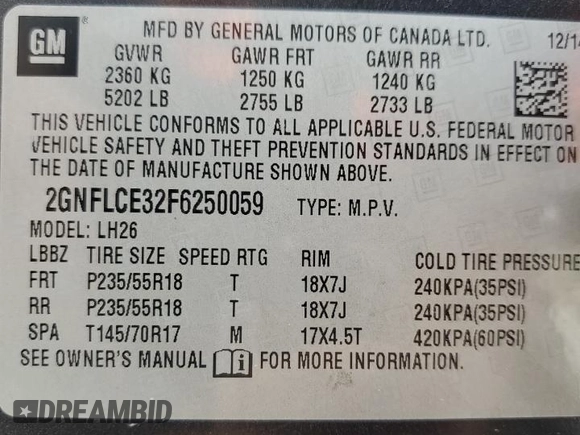 2015 Chevrolet Equinox LT with VIN 2GNFLCE32F6250059, listed as a Copart auction lot 51685445 with 131,200 mi miles and Salvage Title. Bid and sale history available at carsss.com. Image 13.