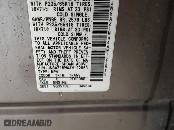 2010 Nissan Murano SL z VIN JN8AZ1MW4AW122863, wystawiony jako Copart lot #55816795 z przebiegiem 124 101 mil mil oraz Szkoda całkowita • Salvage title. Historia ofert i sprzedaży dostępna na DreamBid. Obrazek 13.