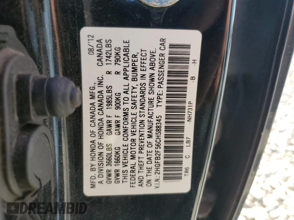 2012 Honda Civic LX with VIN 2HGFB2F56CH588345, listed as a Copart auction lot 54168335 with 149,901 mi miles and Salvage Title. Bid and sale history available at DreamBid. Image 12.