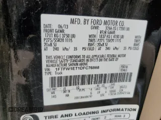 2013 Ford F-150 XL with VIN 1FTFW1ET1DFC76868, listed as a Copart auction lot 60049605 with 132,331 mi miles and Salvage title. Bid and sale history available at DreamBid. Image 12.