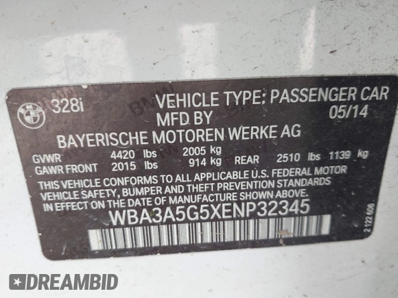 2014 BMW 3 Series 328i with VIN WBA3A5G5XENP32345, listed as a IAAI auction lot 42303835 with 100,235 mi miles and . Bid and sale history available at DreamBid. Image 9.