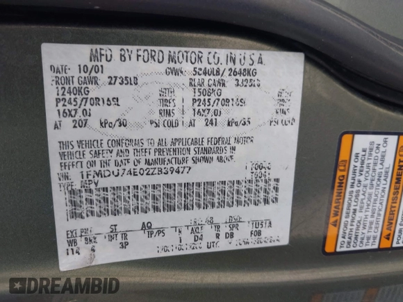 2002 Ford Explorer Eddie Bauer с VIN 1FMDU74E02ZB39477, выставлен на аукционе IAAI как лот 42583278 с пробегом Не указан миль и . История ставок и продаж доступна на DreamBid. Изображение 9.