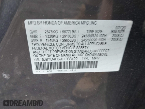 2020 Acura MDX Technology z VIN 5J8YD4H59LL033422, wystawiony jako IAAI lot #42268371 z przebiegiem 42 670 mil mil oraz . Historia ofert i sprzedaży dostępna na DreamBid. Obrazek 9.
