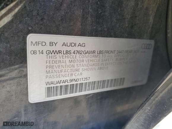 2015 Audi A4 Premium with VIN WAUAFAFL9FN011257, listed as a Copart auction lot 88075335 with 150,562 mi miles and Salvage Title. Bid and sale history available at carsss.com. Image 12.