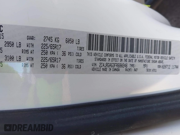 2015 Ram Cargo Van Tradesman with VIN 2C4JRGAG3FR680246, listed as a IAAI auction lot 40596096 with Not Provided miles and . Bid and sale history available at carsss.com. Image 9.