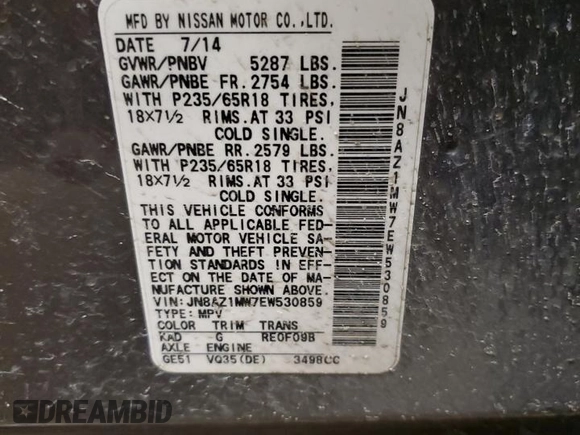 2014 Nissan Murano LE with VIN JN8AZ1MW7EW530859, listed as a Copart auction lot 84490684 with 0 mi miles and Salvage Title. Bid and sale history available at carsss.com. Image 13.