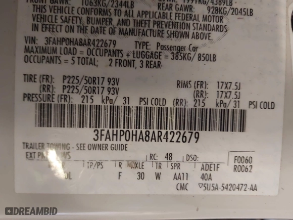 2010 Ford Fusion SE with VIN 3FAHP0HA8AR422679, listed as a IAAI auction lot 41891575 with 188,381 mi miles. Bid and sale history available at carsss.com. Image 9.
