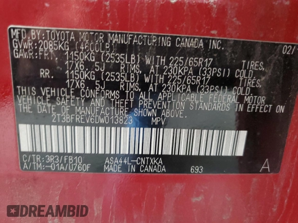 2013 Toyota RAV4 LE with VIN 2T3BFREV6DW013823, listed as a Copart auction lot 64177085 with 365,955 mi miles and Salvage title. Bid and sale history available at DreamBid. Image 13.