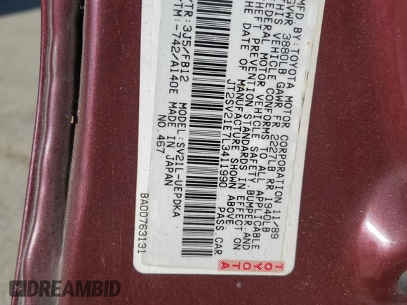 1990 Toyota Camry z VIN JT2SV21E7L3411990, wystawiony jako Copart lot #88557555 z przebiegiem 335 803 mil mil oraz Szkoda całkowita • Salvage title. Historia ofert i sprzedaży dostępna na DreamBid. Obrazek 12.