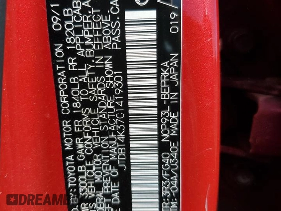 2012 Toyota Yaris with VIN JTDBT4K37C1419301, listed as a Copart auction lot 46705025 with 201,884 mi miles and Salvage Title. Bid and sale history available at DreamBid. Image 12.