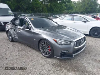 2019 Infiniti Q50 Red Sport 400 with VIN JN1FV7AP7KM760683, listed as a IAAI auction lot 42604481 with 77,939 mi miles and . Bid and sale history available at DreamBid. Image 1.