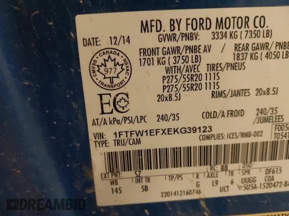 2014 Ford F-150 XL with VIN 1FTFW1EFXEKG39123, listed as a IAAI auction lot 42133055 with 172,080 mi miles and . Bid and sale history available at DreamBid. Image 9.