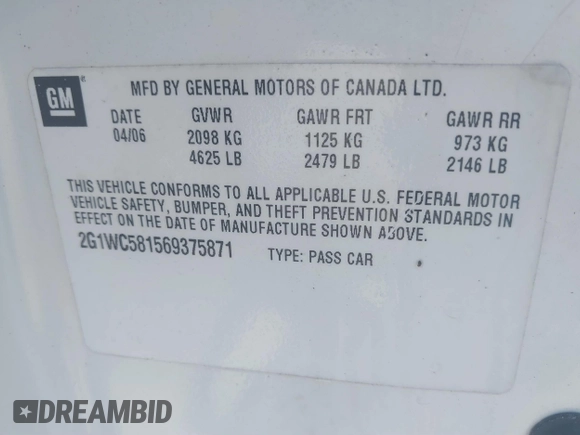 2006 Chevrolet Impala LT 3.9L with VIN 2G1WC581569375871, listed as a IAAI auction lot 41848504 with 158,311 mi miles and . Bid and sale history available at DreamBid. Image 9.
