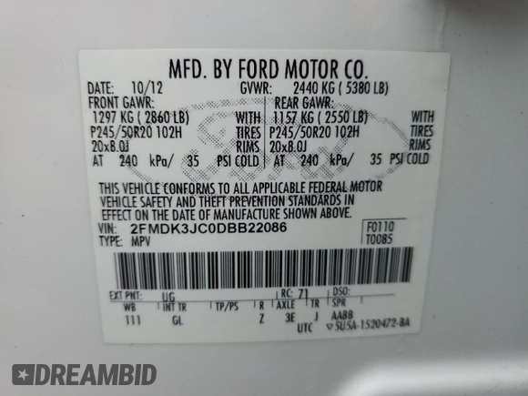 2013 Ford Edge SEL with VIN 2FMDK3JC0DBB22086, listed as a Copart auction lot 48160145 with 180,614 mi miles and Salvage Title. Bid and sale history available at carsss.com. Image 14.