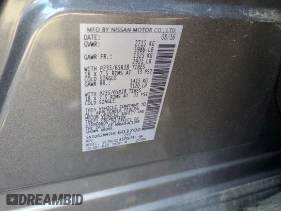 2017 Nissan Pathfinder SL with VIN 5N1DR2MM2HC603702, listed as a Copart auction lot 62452515 with 87,994 mi miles and Salvage title. Bid and sale history available at DreamBid. Image 13.