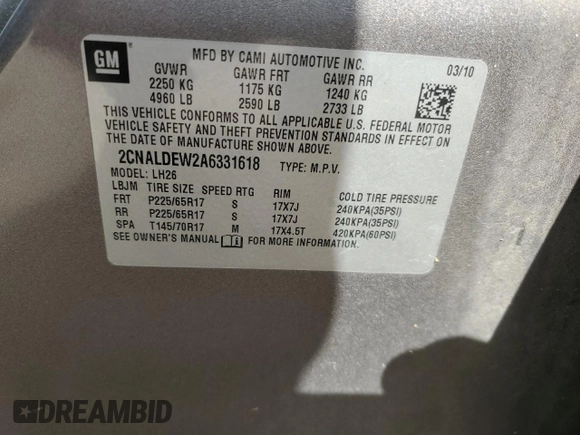 2010 Chevrolet Equinox 1LT with VIN 2CNALDEW2A6331618, listed as a Copart auction lot 53896245 with 238,231 mi miles and Salvage Title. Bid and sale history available at DreamBid. Image 13.