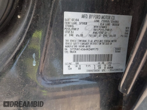 2004 Ford F-150 XLT с VIN 1FTPW14564KD69173, выставлен на аукционе IAAI как лот 42698484 с пробегом 269 241 миль миль и . История ставок и продаж доступна на DreamBid. Изображение 9.
