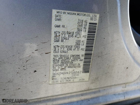2015 Nissan Murano S with VIN 5N1AZ2MG5FN258082, listed as a Copart auction lot 46450735 with 182,051 mi miles and Salvage Title. Bid and sale history available at carsss.com. Image 13.