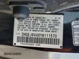2000 Honda Civic DX z VIN 2HGEJ6448YH111570, wystawiony jako Copart lot #41803775 z przebiegiem 144 925 mil mil oraz Szkoda całkowita • Salvage title. Historia ofert i sprzedaży dostępna na DreamBid. Obrazek 14.