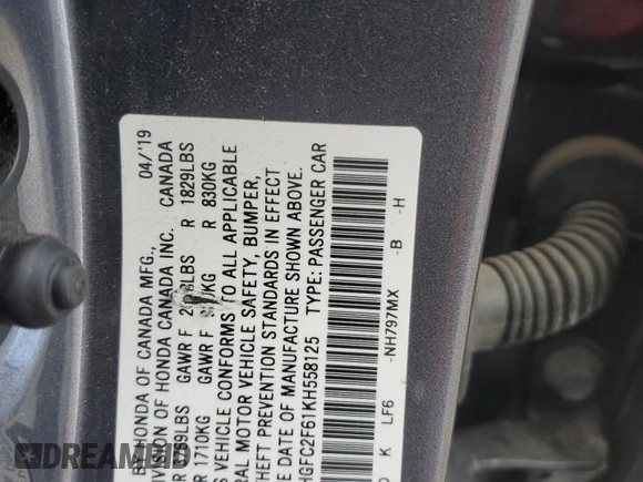 2019 Honda Civic LX with VIN 2HGFC2F61KH558125, listed as a Copart auction lot 55324225 with 66,107 mi miles and Salvage Title. Bid and sale history available at DreamBid. Image 13.