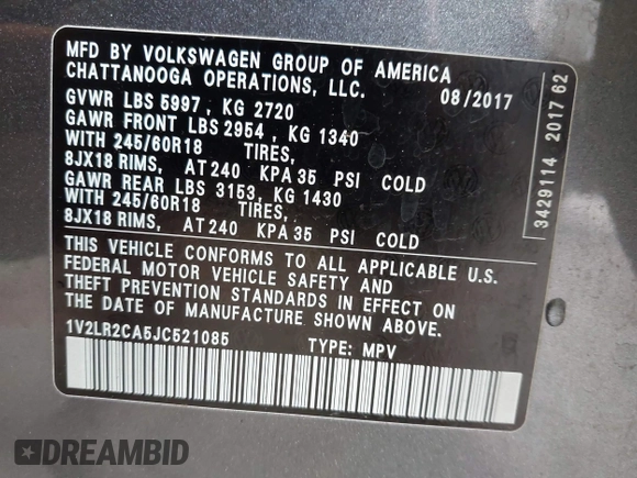 2018 Volkswagen Atlas SE with VIN 1V2LR2CA5JC521085, listed as a IAAI auction lot 42322031 with 100,262 mi miles and . Bid and sale history available at DreamBid. Image 9.