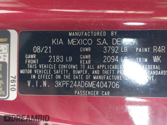 2021 Kia Forte LXS with VIN 3KPF24AD6ME404706, listed as a IAAI auction lot 42572809 with 43,084 mi miles and . Bid and sale history available at DreamBid. Image 9.
