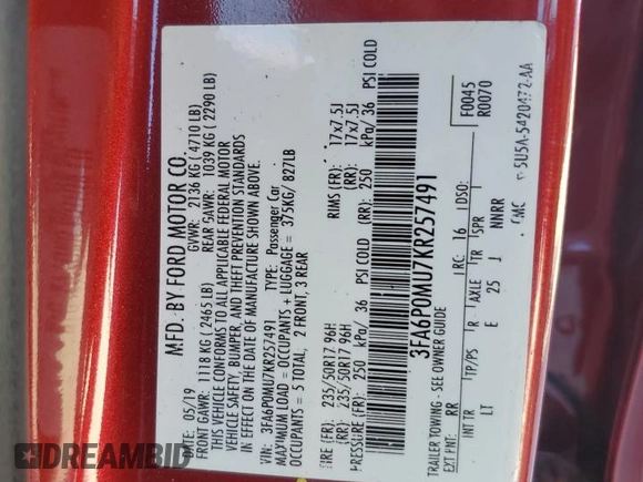 2019 Ford Fusion Hybrid SEL with VIN 3FA6P0MU7KR257491, listed as a Copart auction lot 38746563 with 0 mi miles. Bid and sale history available at carsss.com. Image 14.