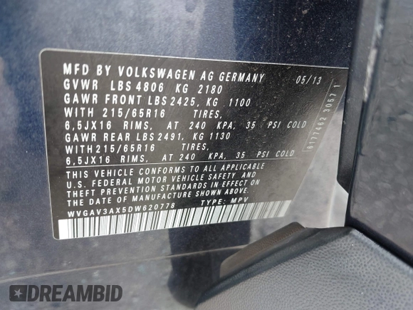 2013 Volkswagen Tiguan S with VIN WVGAV3AX5DW620778, listed as a IAAI auction lot 42505171 with 178,399 mi miles and . Bid and sale history available at DreamBid. Image 9.