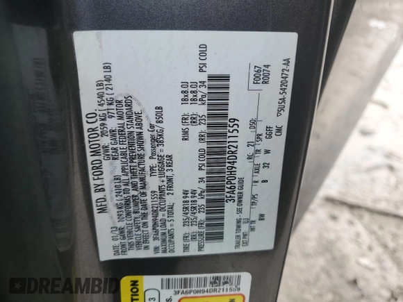 2013 Ford Fusion SE with VIN 3FA6P0H94DR211559, listed as a Copart auction lot 44552905 with 127,710 mi miles and Clean Title. Bid and sale history available at carsss.com. Image 14.