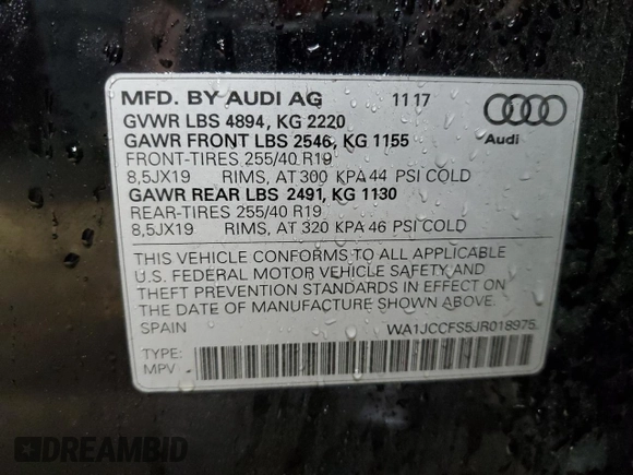 2018 Audi Q3 Premium Plus with VIN WA1JCCFS5JR018975, listed as a Copart auction lot 56663215 with 86,672 mi miles and Salvage title. Bid and sale history available at DreamBid. Image 13.