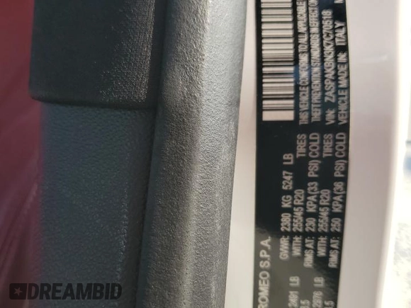 2019 Alfa Romeo Stelvio Ti with VIN ZASPAKBN3K7C70518, listed as a Copart auction lot 53438145 with Not provided miles and Non repairable. Bid and sale history available at DreamBid. Image 12.