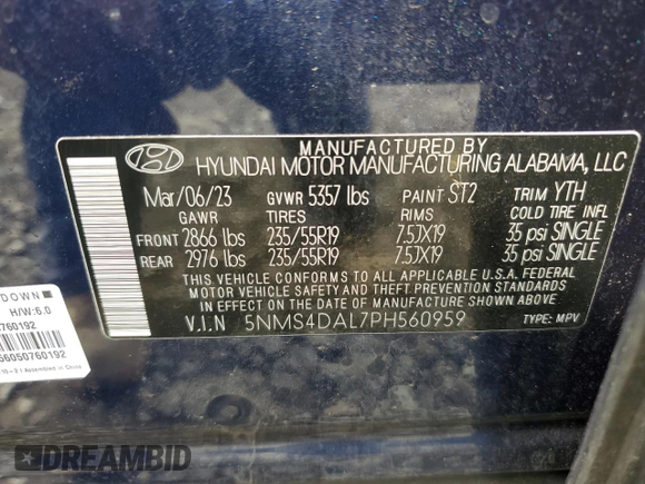 2023 Hyundai Santa Fe Limited z VIN 5NMS4DAL7PH560959, wystawiony jako Copart lot #53028795 z przebiegiem 20 846 mil mil oraz Szkoda całkowita • Salvage title. Historia ofert i sprzedaży dostępna na DreamBid. Obrazek 14.
