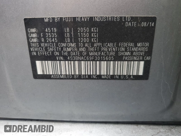 2015 Subaru Legacy 2.5i Premium with VIN 4S3BNAC69F3015605, listed as a Copart auction lot 57406273 with 118,288 mi miles. Bid and sale history available at carsss.com. Image 13.