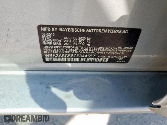 2012 BMW 3 Series 328i с VIN WBA3A5C56CF344557, выставлен на аукционе Copart как лот 53502275 с пробегом 110 769 миль миль и Чистый • Clean title. История ставок и продаж доступна на DreamBid. Изображение 12.