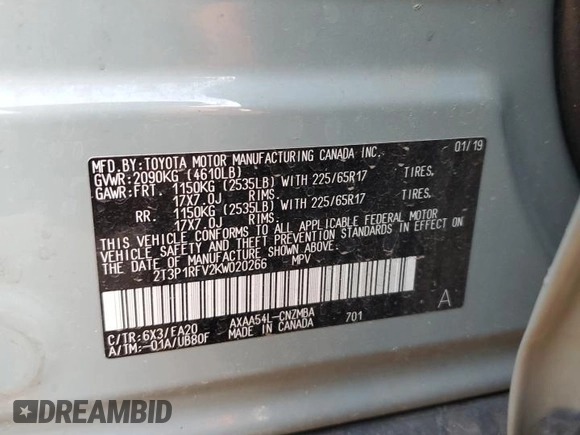 2019 Toyota RAV4 XLE with VIN 2T3P1RFV2KW020266, listed as a Copart auction lot 52183905 with 64,540 mi miles and Salvage title. Bid and sale history available at DreamBid. Image 14.