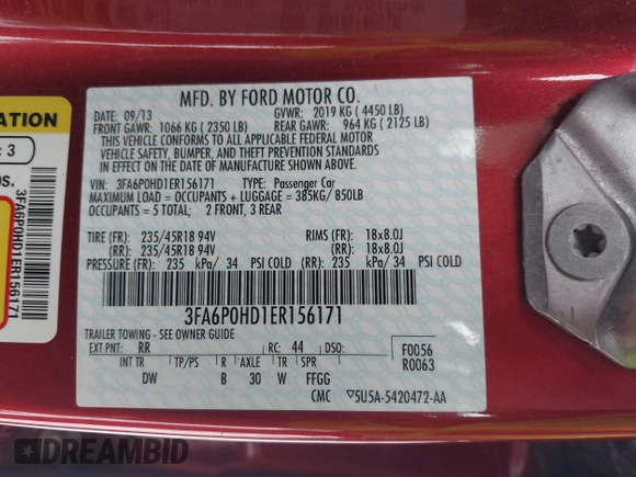 2014 Ford Fusion SE with VIN 3FA6P0HD1ER156171, listed as a IAAI auction lot 41261198 with 99,394 mi miles and . Bid and sale history available at DreamBid. Image 9.
