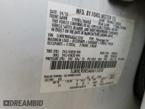 2010 Lincoln MKS with VIN 1LNHL9DR5AG615350, listed as a Copart auction lot 53048495 with 217,863 mi miles and Salvage Title. Bid and sale history available at DreamBid. Image 13.