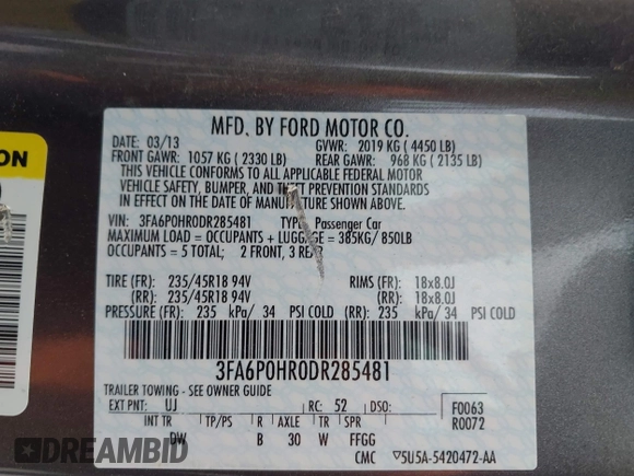 2013 Ford Fusion SE with VIN 3FA6P0HR0DR285481, listed as a IAAI auction lot 42119022 with 128,737 mi miles. Bid and sale history available at carsss.com. Image 9.