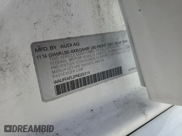 2015 Audi A4 Premium Plus with VIN WAUFFAFL2FN025314, listed as a Copart auction lot 50337625 with 61,014 mi miles and Salvage Title. Bid and sale history available at carsss.com. Image 14.