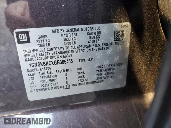 2016 Chevrolet Tahoe LT z VIN 1GNSKBKCXGR365465, wystawiony jako Copart lot #49716705 z przebiegiem Nie podano mil oraz Szkoda całkowita • Salvage title. Historia ofert i sprzedaży dostępna na DreamBid. Obrazek 15.