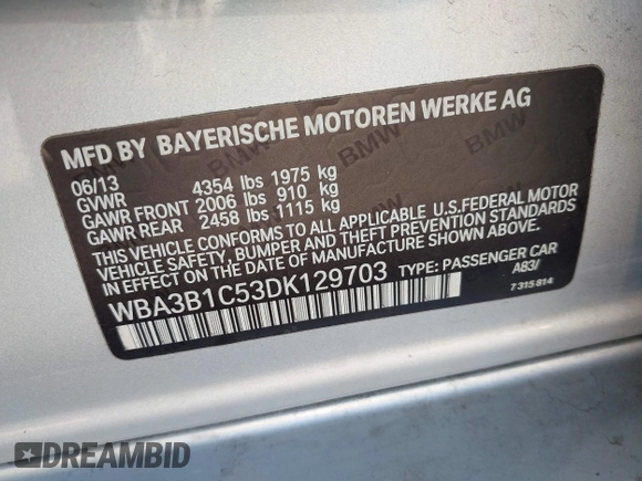 2013 BMW 3 Series 320i with VIN WBA3B1C53DK129703, listed as a IAAI auction lot 41295234 with 175,506 mi miles. Bid and sale history available at carsss.com. Image 9.